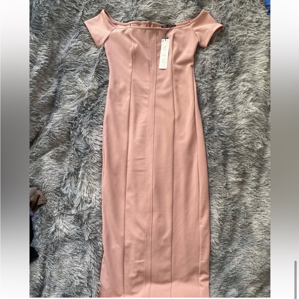 ๐(NWT) ZARA Bloggers Fav Blush Pink Off-The-Shoulder Sheath Midi/Maxi Dress. LG - Picture 13 of 15